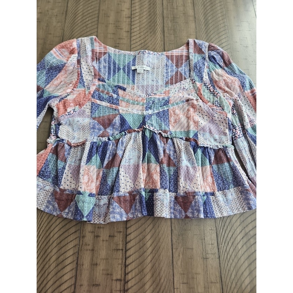 American Eagle Blouse M Pink Patchwork Babydoll Cropped Boho CottageCore Gauzey - Picture 11 of 14
